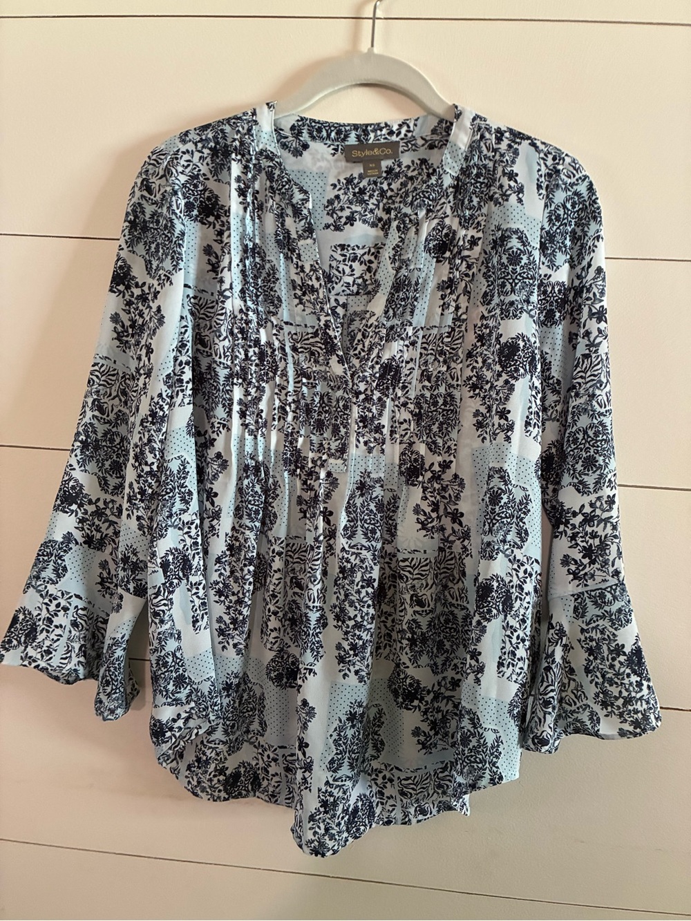Style & Co. Light Blue and Navy Floral Pintuck Peasant Top